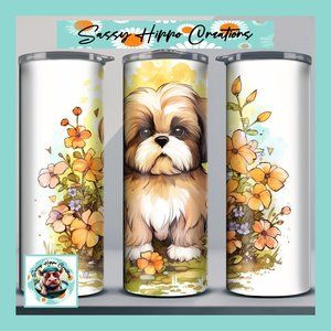 Skinny Tumbler Cute Shih Tzu Dog Watercolor Flower Stainless-Steel 20oz Sublimat